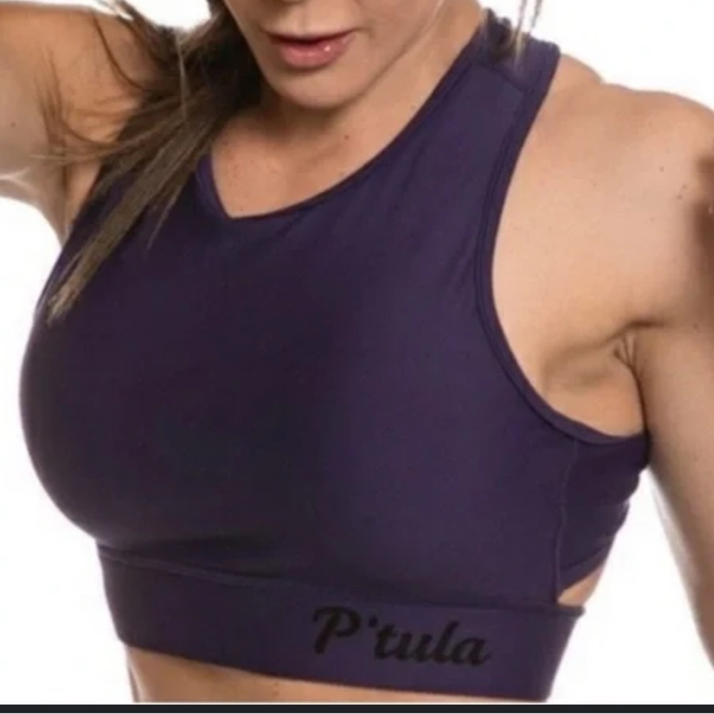 P’tula womens black sports bra, white logo, cross back in Medium with hook & eye